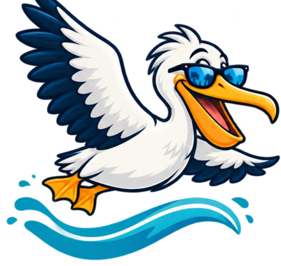 Sunny the pelican flying above stylized waves